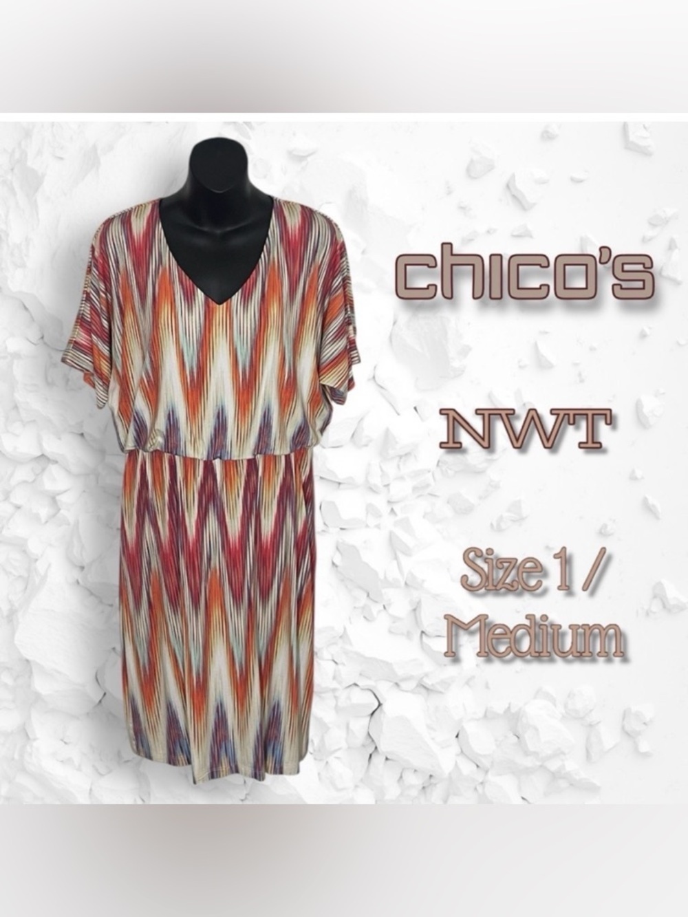 Chico’s NWT Ikat Print Multicolor Short Sleeve Dress Size Medium(Chico’s Size 1)